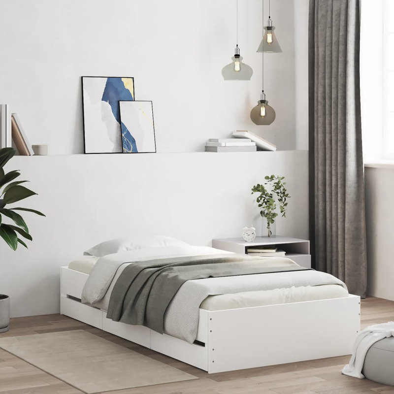 17 Stories Bed Frame With Drawers Double Engineered Wood, UK King - 150 x 200 cm, White
