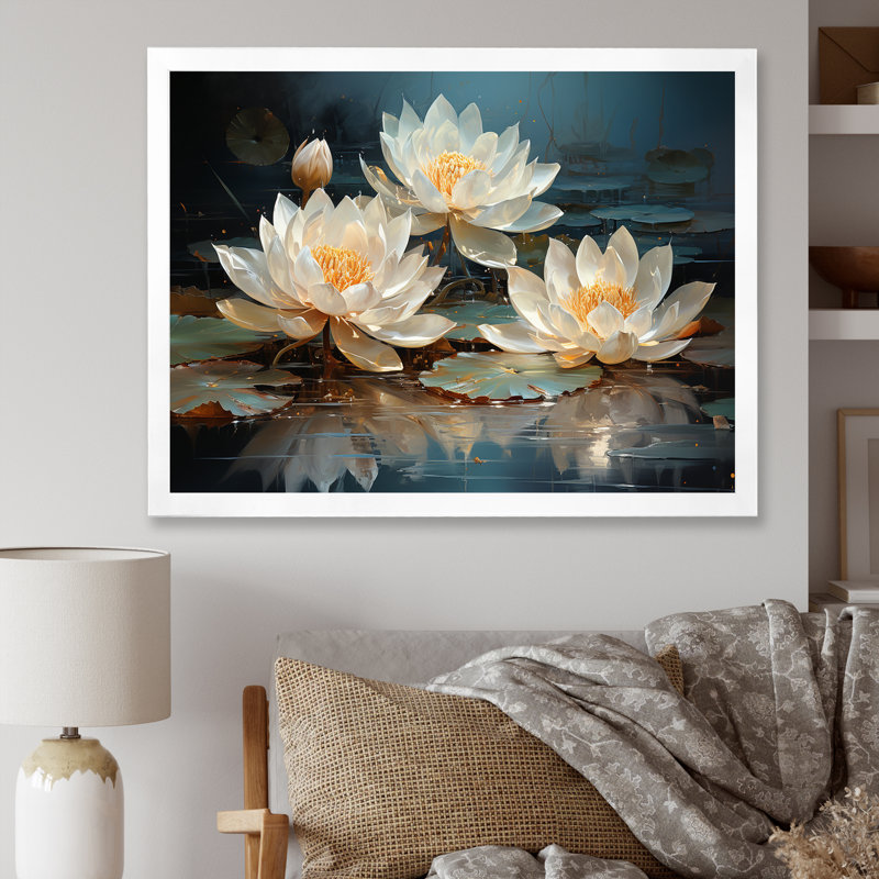 Fleurs de lotus baignées au clair de lune - Art sur toile de lotus, H 16 po x l 32 po x P 1 po, Cadre simple blanc