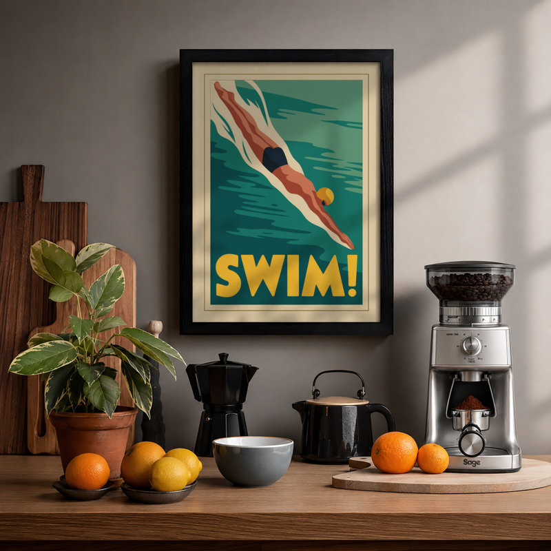 Dive Into Action Art Deco - Print, A1 - 84.1 x 59.4 cm, Black
