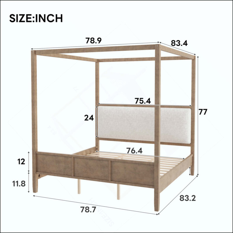 Lit plateforme à baldaquin en bois avec tête de lit tapissier, aucun sommier nécessaire, King, Natural Walnut