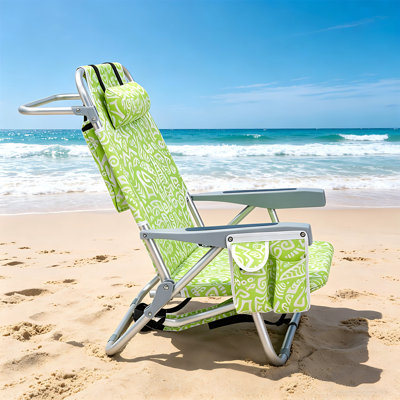 Low Profile Aluminum Beach Chair, 8.5" Seat Height Yellow Tribal Pattern, 5-Position Reclining Folding Lounger With Cooler Bag & Cup Holder, 1-Pack
