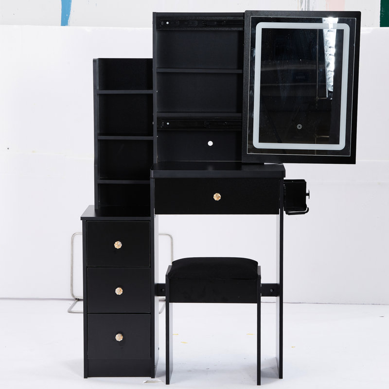 Meuble-lavabo gauche avec siège rembourré, 2 ports AC +, très grand miroir à DEL tactile, réglages, bureau d'ordinateur noir et tabouret - et miroir à commande tactile, style américain