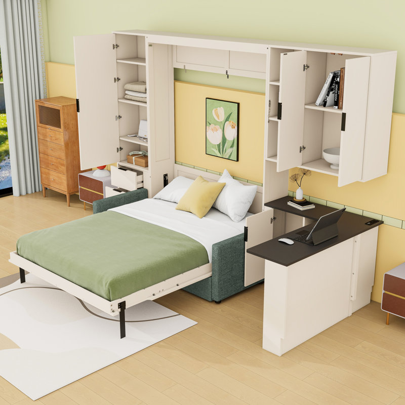 Grand lit escamotable avec canapé et bureau, tiroirs, tablettes, Cream