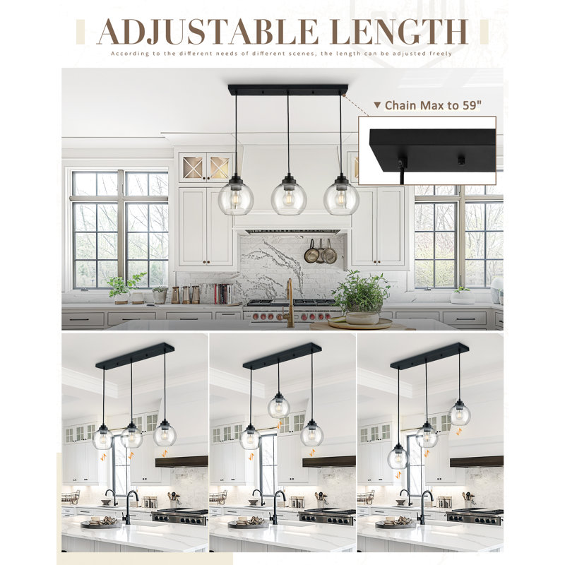 Lustre linéaire 3 lumières avec abat-jour en verre globe, Doré
