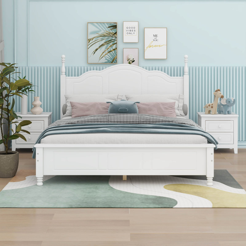 Ensemble de chambre à coucher 3 pièces, lit plateforme en bois et deux tables de chevet, Grand lit