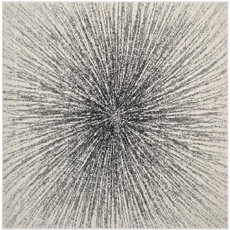 Tapis noir et ivoire à motif abstrait, Carré 5 pi 3 po