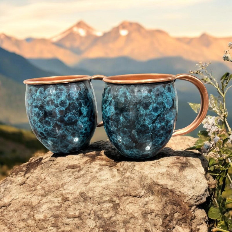 Ambiente Santa Clara Handmade Copper Mugs, Set of 2 – Hand-Hammered Barrel Mugs with Mint Patina for Moscow Mules, Pure Copper Mugs, Copper Drinkware, Hammered Copper Cups, Handcrafted Copper Mugs