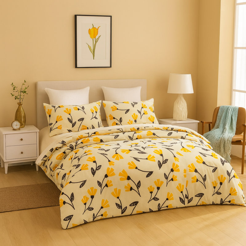  Ensemble de housse de couette Yellow Tulips, Housse de couette double + 2 taies d'oreiller stan