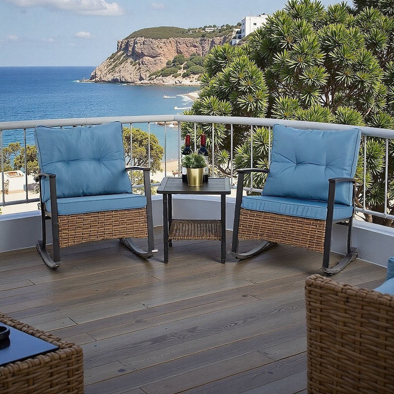 Ebern Designs Premium Outdoor Rocking Chair Set - 3-Piece Wicker ...