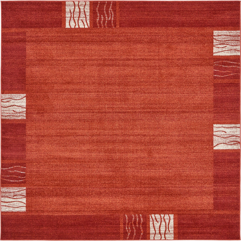 Tapis à motif géométrique rouge rouille, Carré 7 pi 10 po x 7 pi 10 po