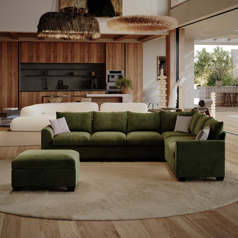 120 '' L-Shaped Modular Sectional Sofa, 6-Seater Cushioned Cloud Couch, With Ottoman Storage And USB, Green 