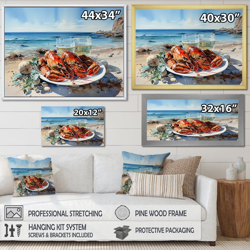 Assiette plate homard avec vue sur l'océan, H 34 po x l 44 po x P 1,5 po, Cadre simple blanc