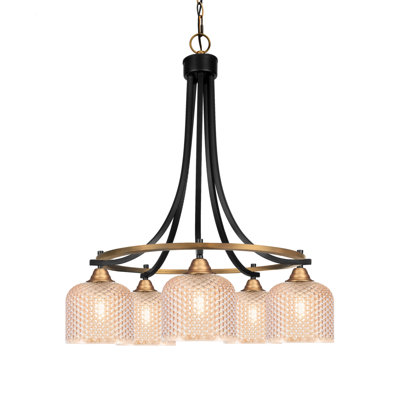 Prater 5 Light Downlight Chandelier Shown In Matte Black & New Age Brass Finish With 6" Amber Textured Glass