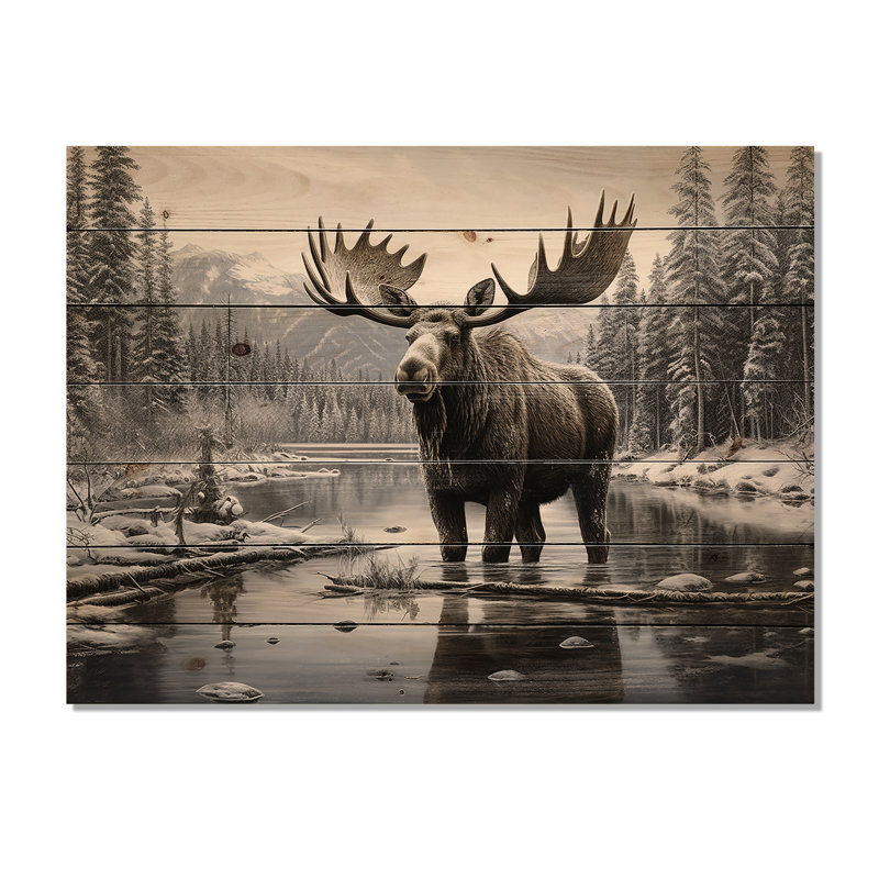 «Brown White Moose Winter Majesty» sur impression sur bois, H 30 po x l 40 po x P 0,78 po