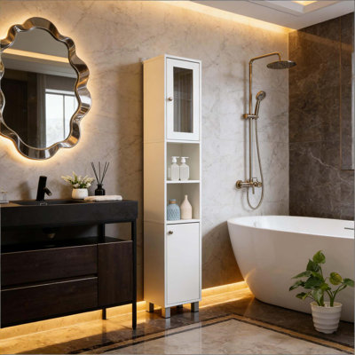Tour de rangement de salle de bain autoportante avec miroir et tablettes réglables
