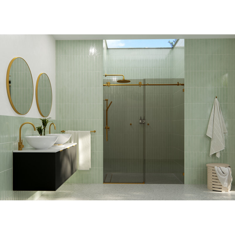 Equinox 56 - 60 in. x 60 in. Fully Frameless Gray Tinted Sliding Bathtub Door, Satin Brass