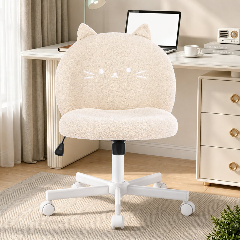 Cute Cat Task Chair with Faux Fur Upholstery, Swivel Vanity Chair for Small Spaces, Beige