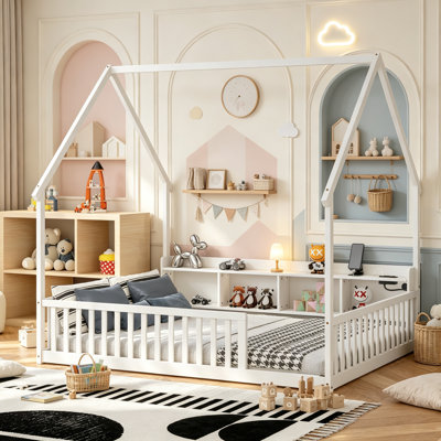 Wood Montessori Floor Bed with LED Lights and Storage Shelf for Transition, Kids Low Bed with Charging Station and Roof Frame for Boys and Girls, Full Size, White
