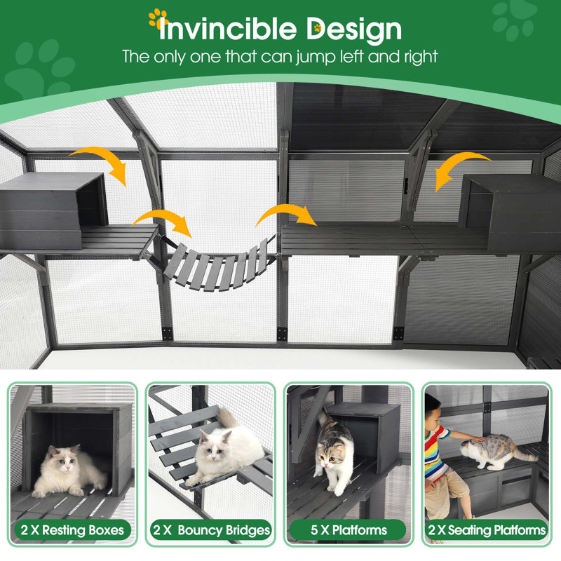 Outdoor Wooden Cat Enclosure with Multiple Play Features for Pets