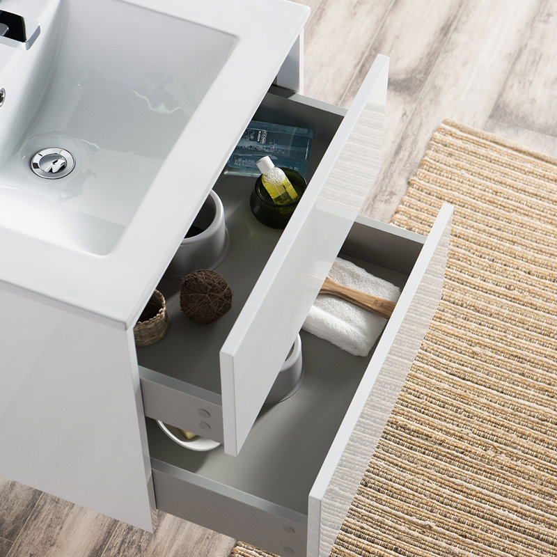 Ensemble de meuble-lavabo de salle de bain simple mural 24 po avec miroir Oquendo, Blanc lustré