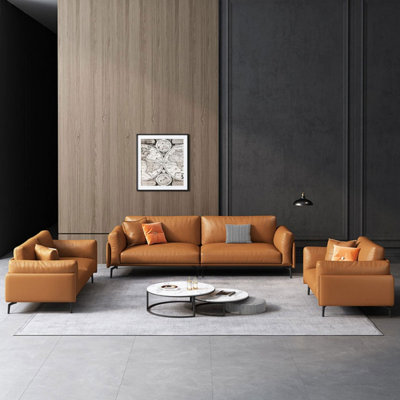 Ensemble de salon en cuir véritable orange 3 pièces
