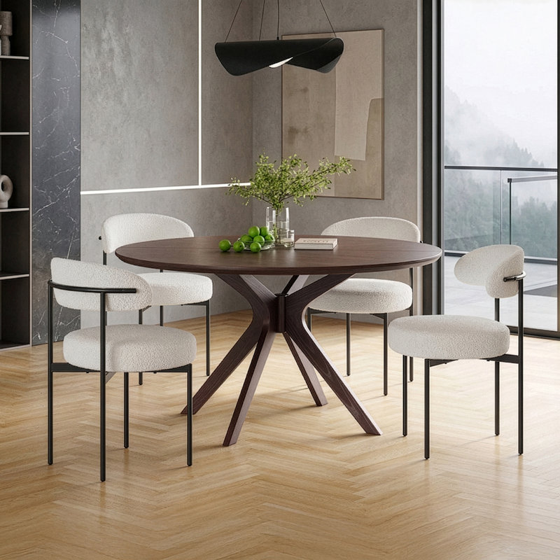 Boucle Upholstered Dining Chair, Modern Curved Backrest Accent Chair With Black Metal Legs (set Of 4)