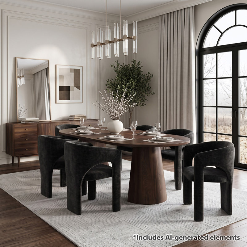 Ensemble de salle à manger rond à ovale extensible avec fauteuils demi-tonneau en chenille, Noir