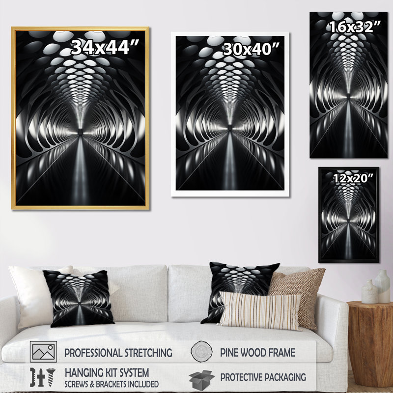 «Grey Tunnel Futuristic Elegance Sleek II», reproduction sur toile, H 32 po x l 24 po, Cadre flottant doré