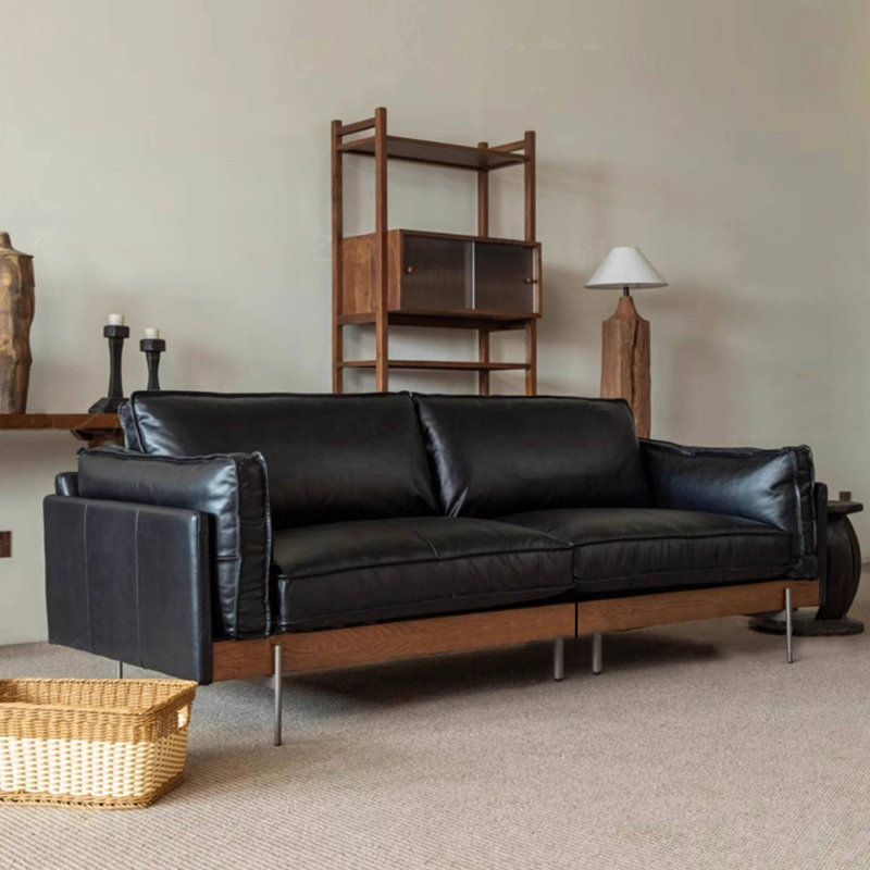 Canapé modulaire noir en cuir véritable, H 35,43 po x l 86,61 po x P 35,04 po