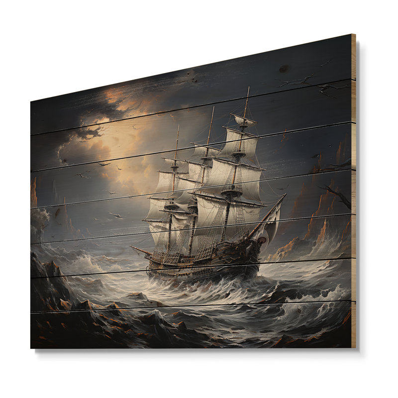 Pirate Ship At Stormy Seas I - Pirate Wood Art On Natural Pine Wood, 10" H x 20" W
