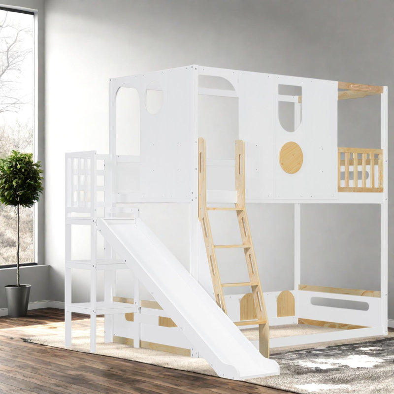 Lit mezzanine pour enfant avec glissade, cadre en bois MDF, lit moderne gain d'espace, Blanc 1