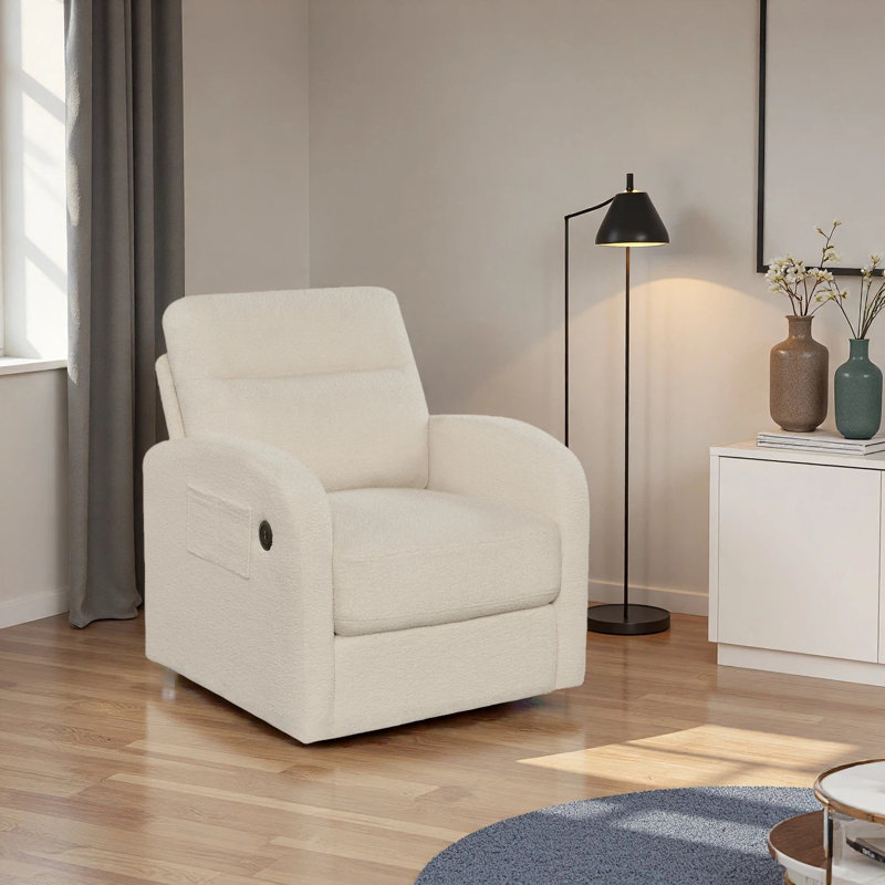 Swivel Bouclé Accent Chair With Usb Charging Port, Storage Base & Multi-Pocket Arm Design, White
