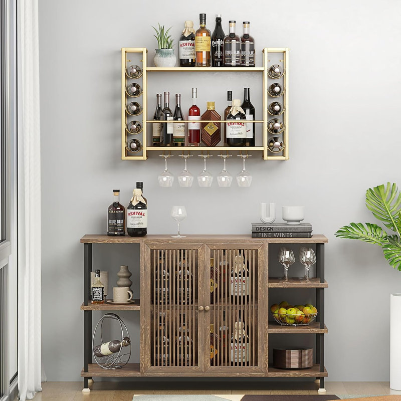Wall Mounted Wine Rack with Wine Glass Rack,Gold