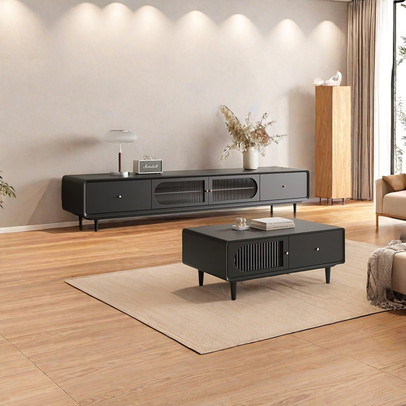 Meuble télé en bois massif avec table basse et coins arrondis