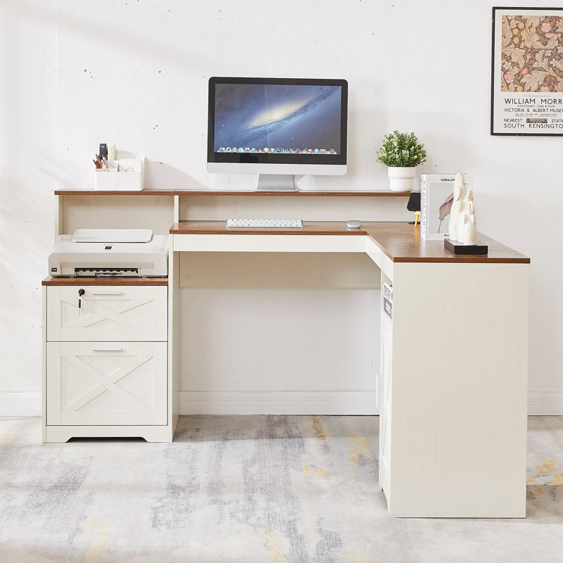 White L Shaped Desk, Executive Office Desk, Corner Desk with Lockable Drawer, Adjustable File Cabinet & Power Outlets, Computer Desk for Home Office, Storage Solutions, USB-C Hub, bureau de travail