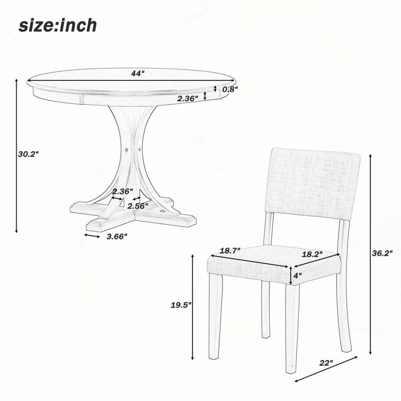 Ensemble de table de salle à manger ronde avec pieds de table courbés et 4 chaises rembourrées