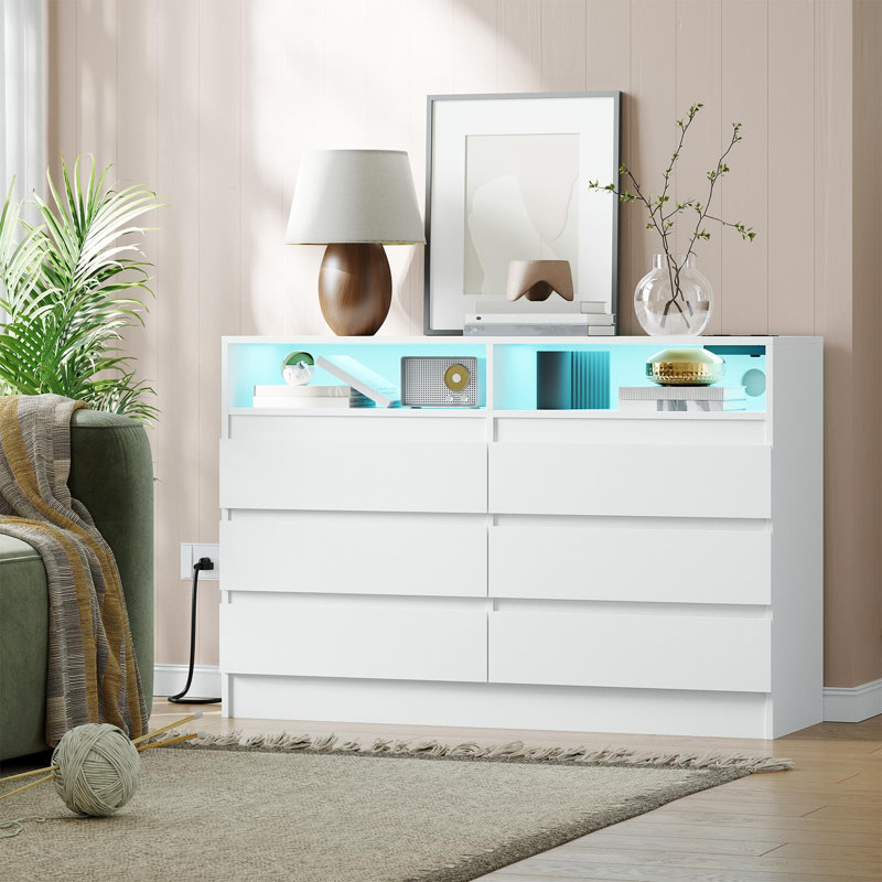 6 Drawer Dresser with Charging Station & LED Lights, Modern Chest with Power Outlets for Bedroom, White