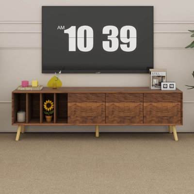 Meuble télé Mid-Century moderne pour téléviseur de 70 pouces, console média en bois avec 4 espaces ouverts et 3 armoires, meuble audio-vidéo élégant