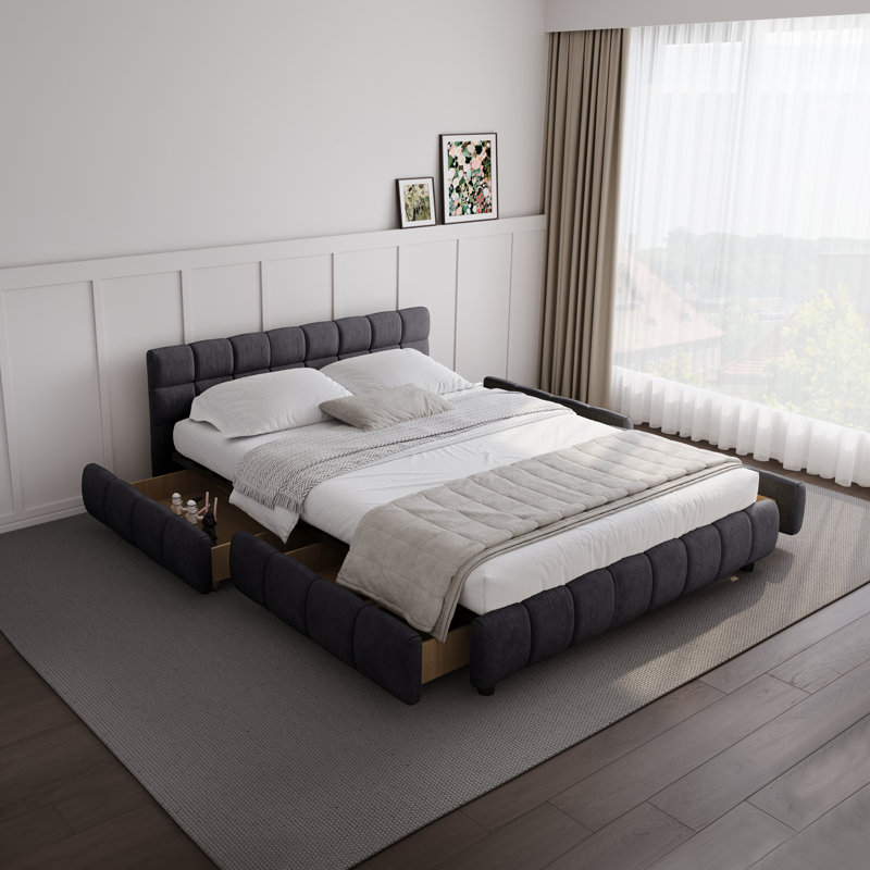 Latitude Run Chenille Upholstered Bed Frame with Drawer