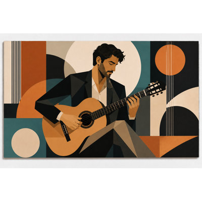 Reproduction d'art sur toile grand joueur de guitare, œuvre d'art abstraite de guitare masculine, décor de studio de musique Mid Century géométrique 24 x 36 pouces - prêt à être accroché