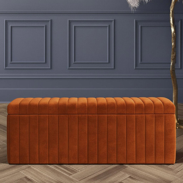 Lux Striped Wide Velvet Rectangle Solid Color Standard Ottoman Box with Storage