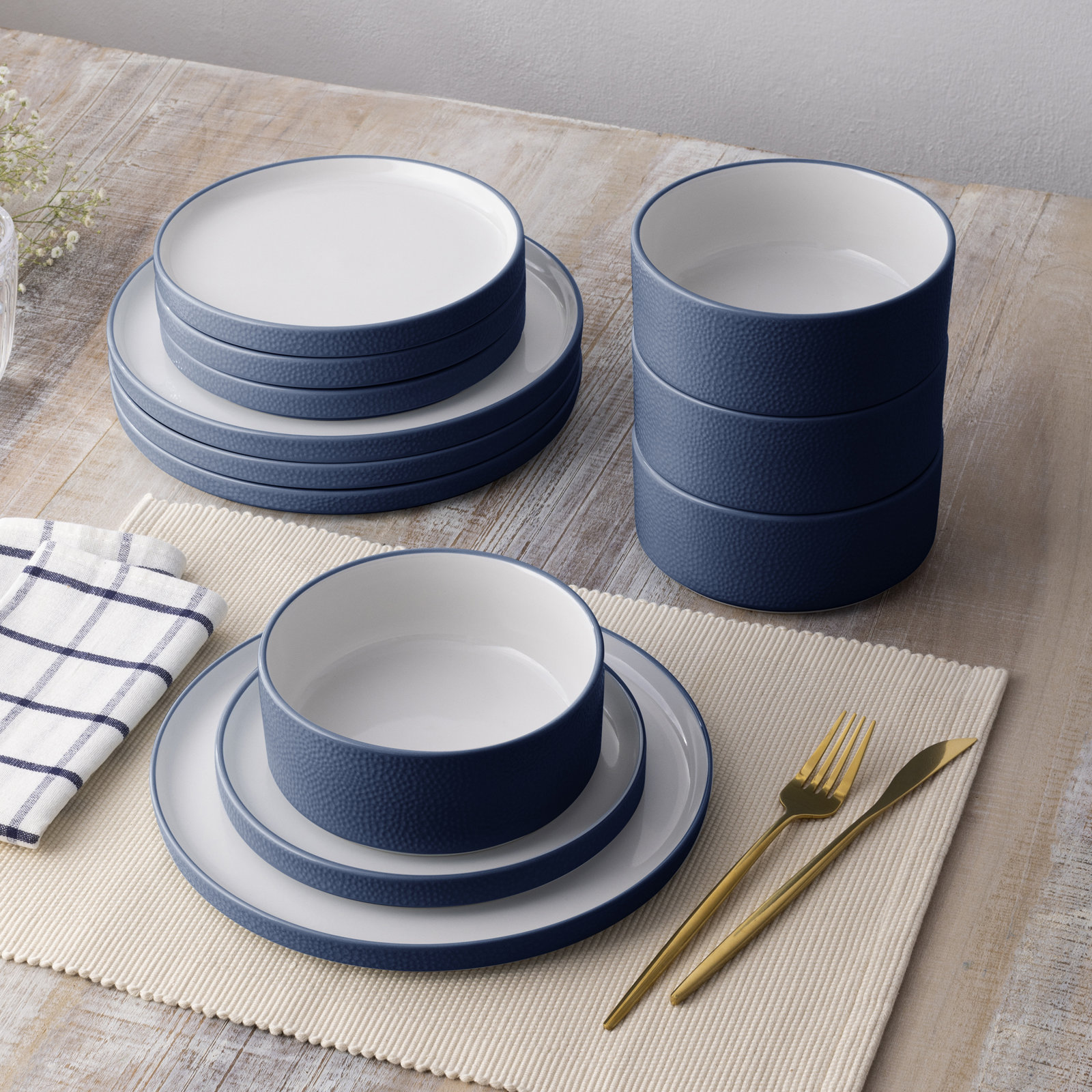 Colortex Stone Porcelain Dinnerware Set - Service for 4, Blue