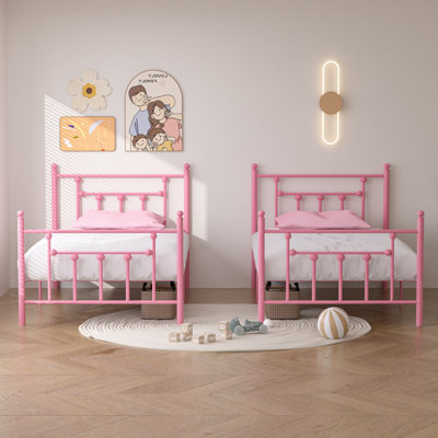2 Set Bed Frame, 2Pcs Twin Size Metal Platform Bed, Mattress Foundation With Headboard, No Box Spring Needed