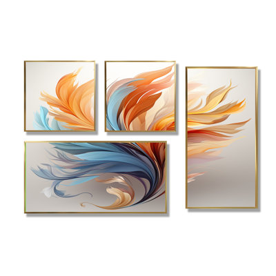 Plume fractale bohème orange et turquoise - Plumes d'animaux, art mural 4 pièces