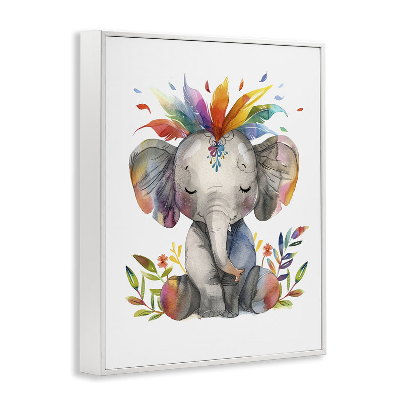  «Rainbow Blooms Elephant Giclee» par LSR Design Studio, H 14 po x l 11 po, Estampe numérique encadrée blanc bord de mer