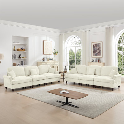 Ensemble de canapé de salon modulaire classique 2 pièces avec accoudoirs évasés et volants amovibles, jupes plissées et pieds fuselés, canapé 3 places + ensemble de canapé causeuse 3 places pour le salon, blanc beige