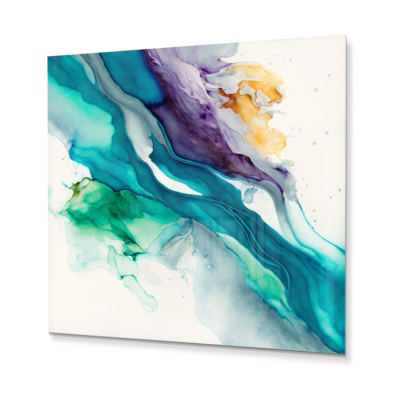Décoration murale en métal Tropical Turquoise Joyfulness III - Encre liquide abstraite, H 16 po x l 16 po x P 1 po