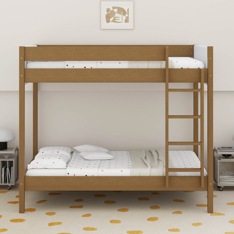 Lit superposé simple au-dessus de simple avec tête et pied de lit rembourrés Boucle, échelle, garde-corps de sécurité, lit superposé en bois d'hévéa