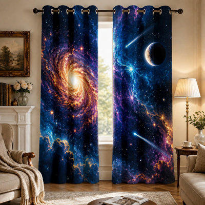 2 rideaux bloquant le soleil et la planète avec motif de tourbillon de galaxie 2 pièces, conception d'étoile filante nébuleuse cosmique, anneau d'art moderne futuriste sur le thème de l'espace, salon de chambre à coucher thermique pour Home Dector