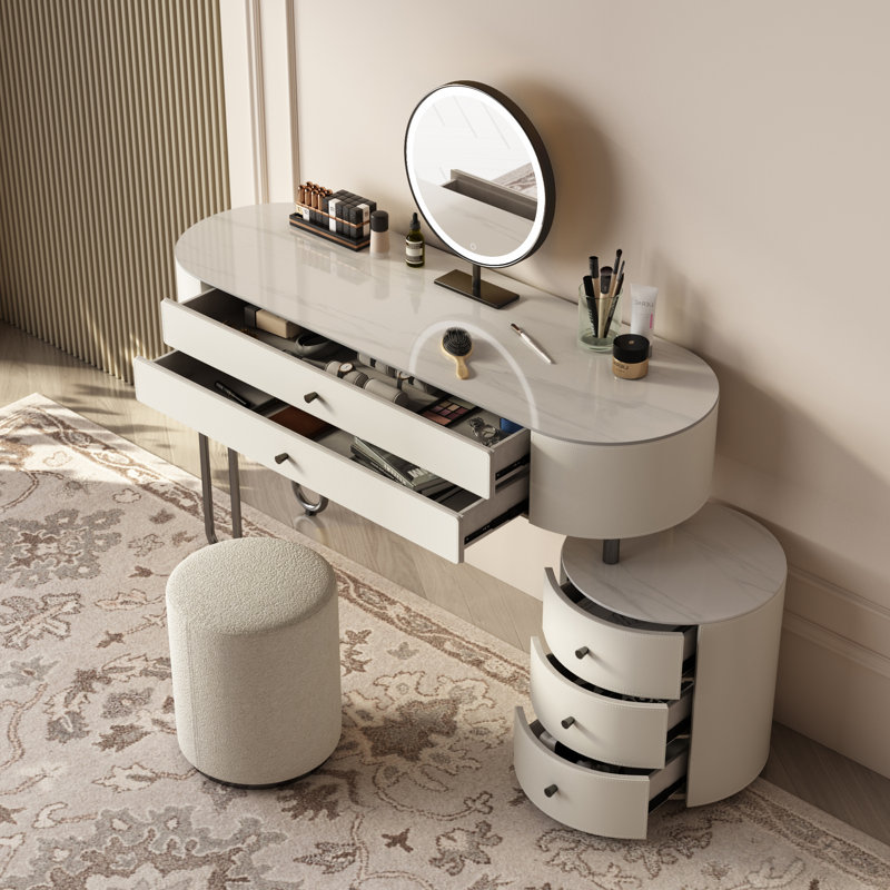 Ensemble de coiffeuse Jahnea-Elegant: table de coiffeuse et tabouret à finition ardoise en cuir Saddle, support en acier inoxydable, installation réversible et miroir à DEL à intensité variable